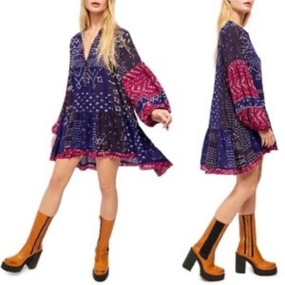 Free People Boho Shibori Patchwork Printed Long Sleeve Dress - Picture 1 of 8